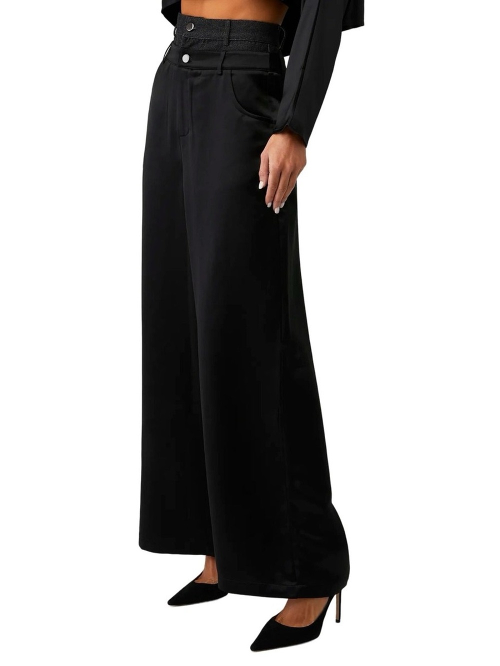 NonChalant Label Simon Pants in Black XL Womens Double Buckle Satin Denim - Picture 4 of 9